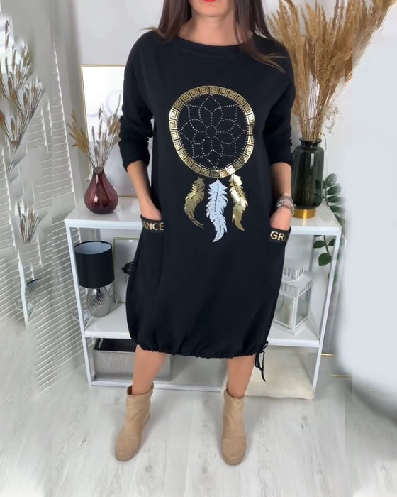 Drawstring round neck pockets dress