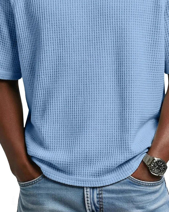 Men's Waffle V-Neck Tee, Solid Color Casual Short Sleeve Top