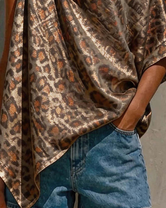 Gold Foil Leopard One-Shoulder Twist Blouse