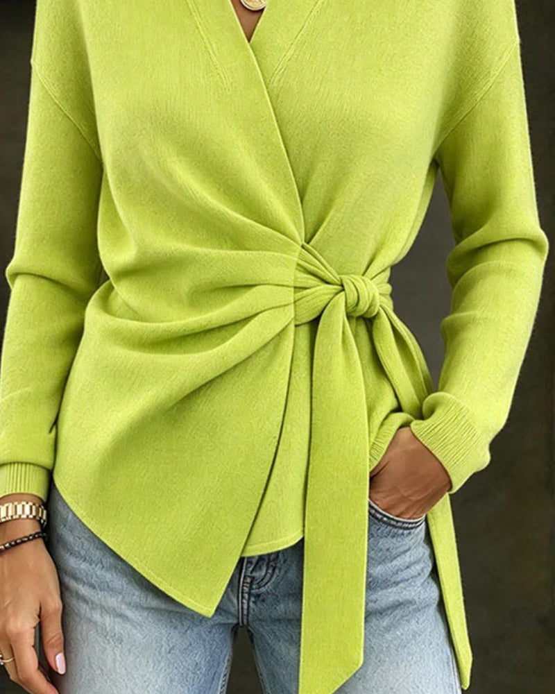 Solid-Color Long-Sleeve Tie-Front Pullover
