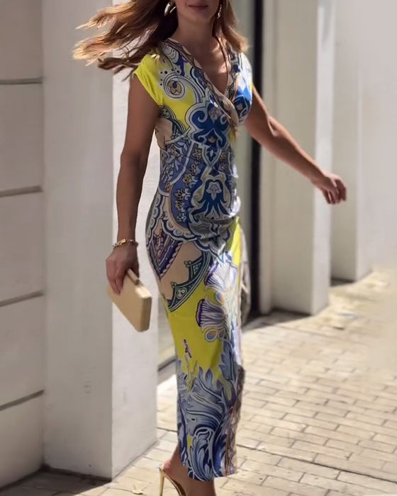 Vintage print v-neck elegant dress