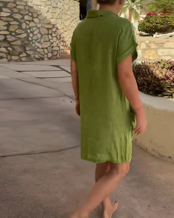 Solid color pleated pocket casual dress