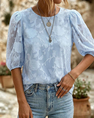 Round Neck Puff Sleeves Blouse