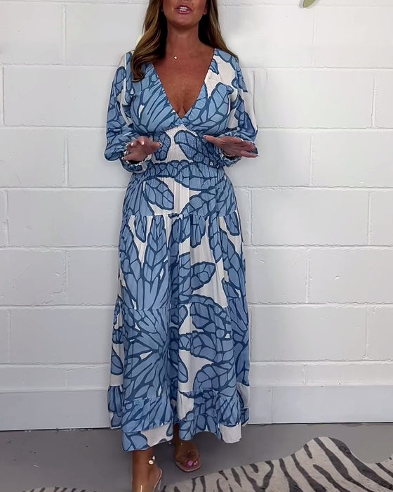 Women's V-neck printed waist long dress