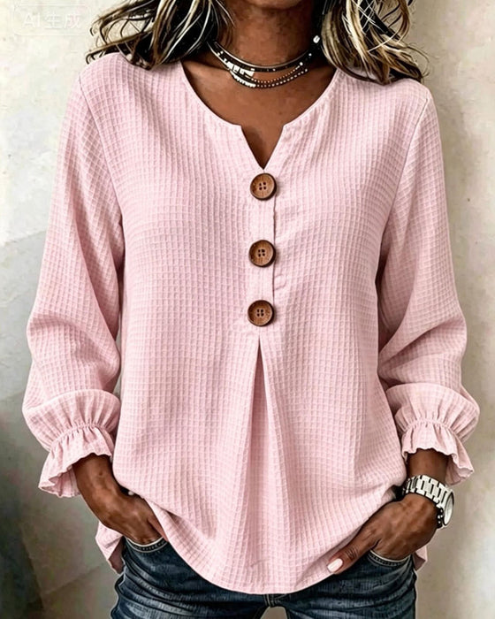 Three-Button Ruffle Sleeve Waffle Knit Long Sleeve Top