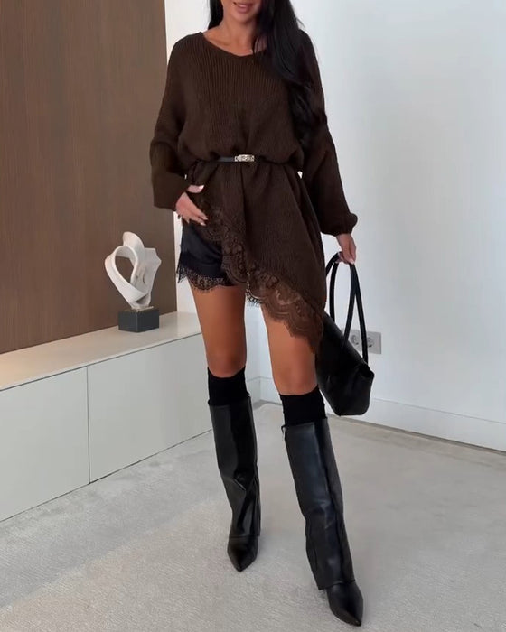 V-Neck Lace Panel Irregular Knit Pullover