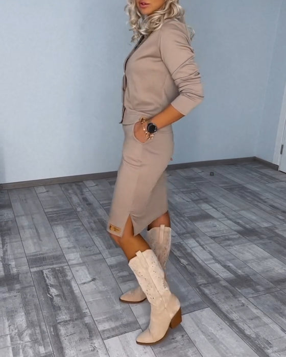 Solid color dress button jacket two piece set