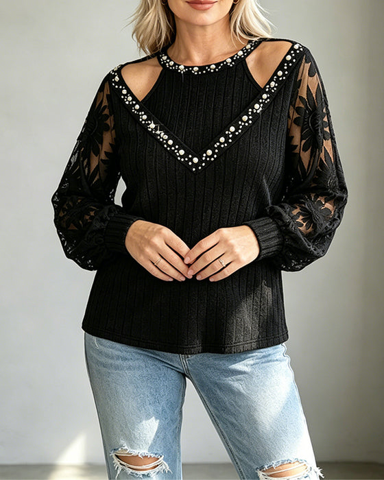Pearl Hollow Lace Ribbed T-Shirt