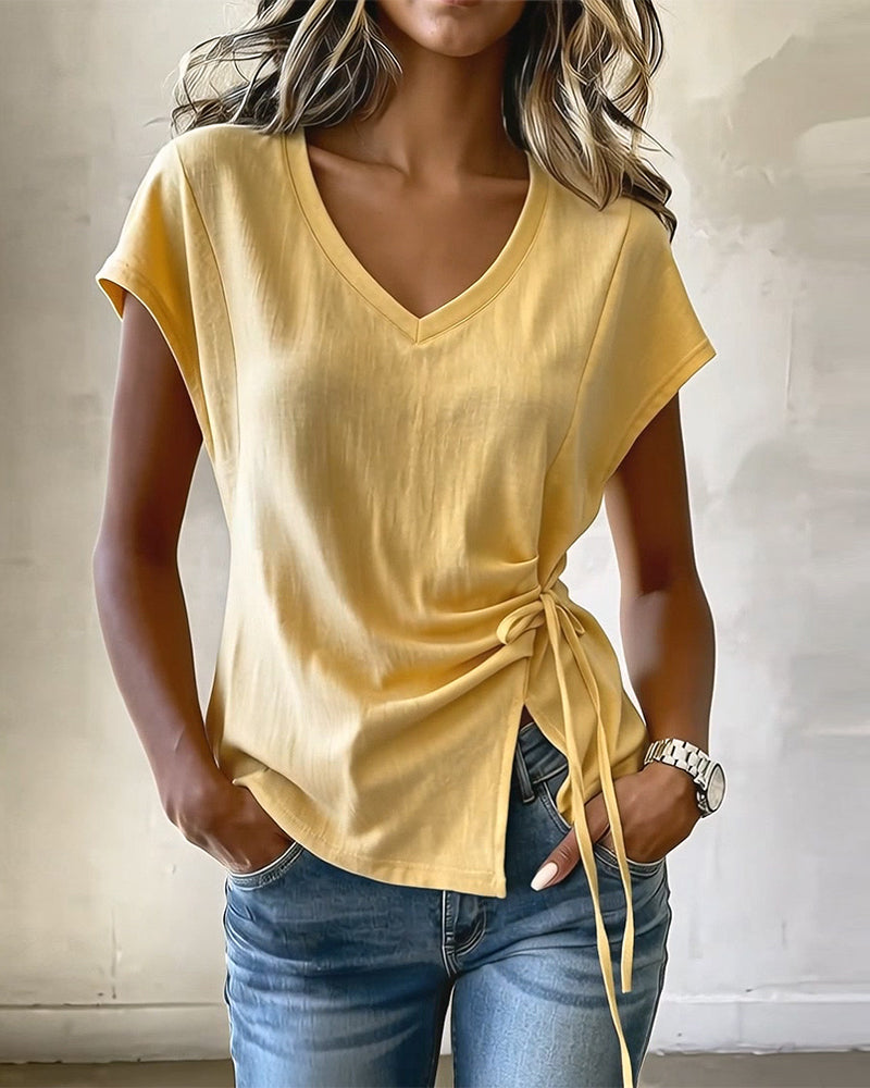 Side Drawstring V-Neck Solid Color T-Shirt