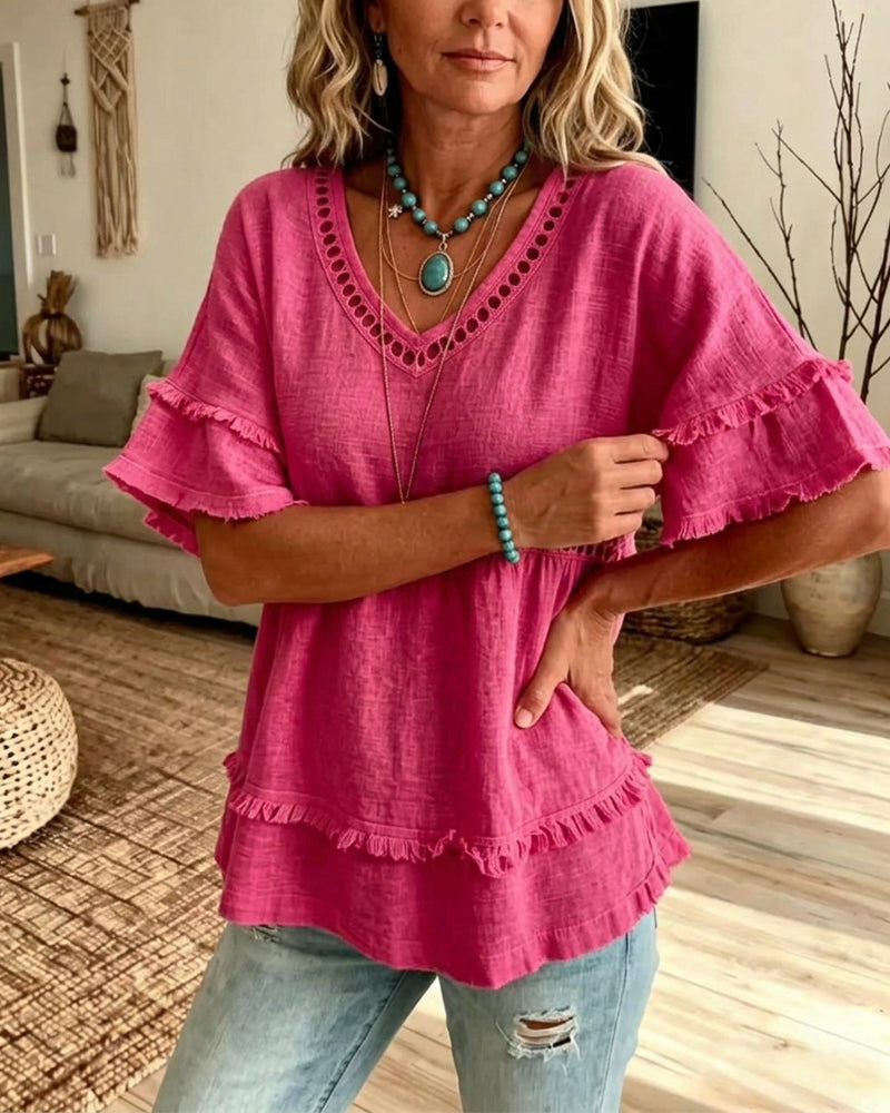 Cutout Fringe V-Neck Flare Sleeve Blouse
