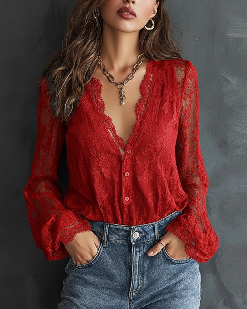 Lace V-Neck Long-Sleeved Blouse