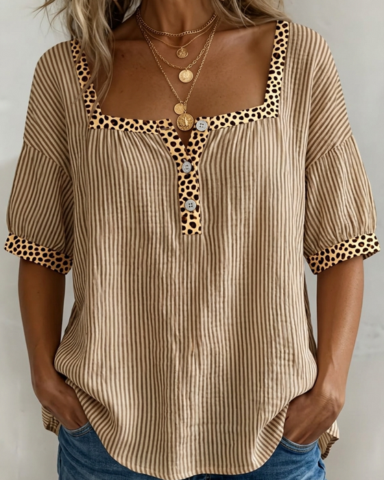 Square Neck Short Sleeve Leopard Print Blouse