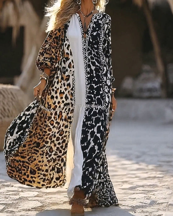 V-Neck Leopard Print Bubble Sleeve Flared Skirt Dress