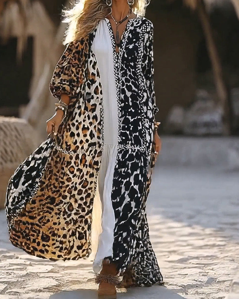 V-Neck Leopard Print Bubble Sleeve Flared Skirt Dress