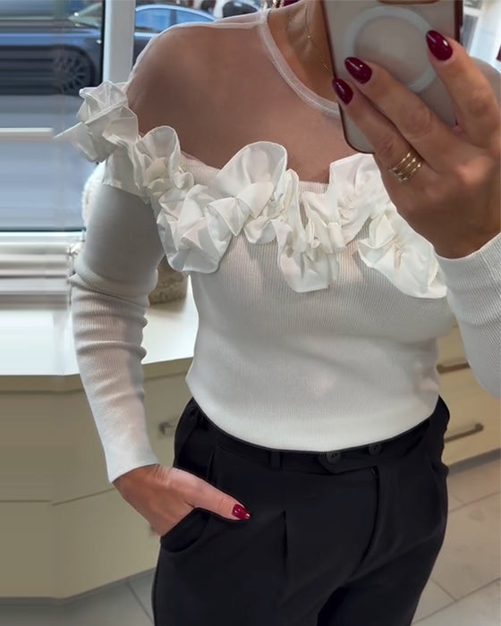Mesh Spliced Ruffled Long-Sleeved Top
