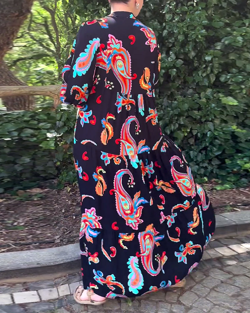 Vintage printed long sleeve patchwork dress