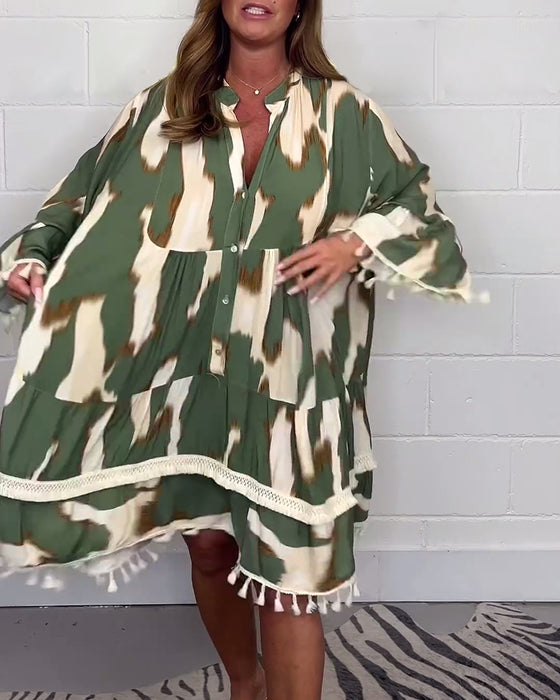 Vintage print fringe casual dress