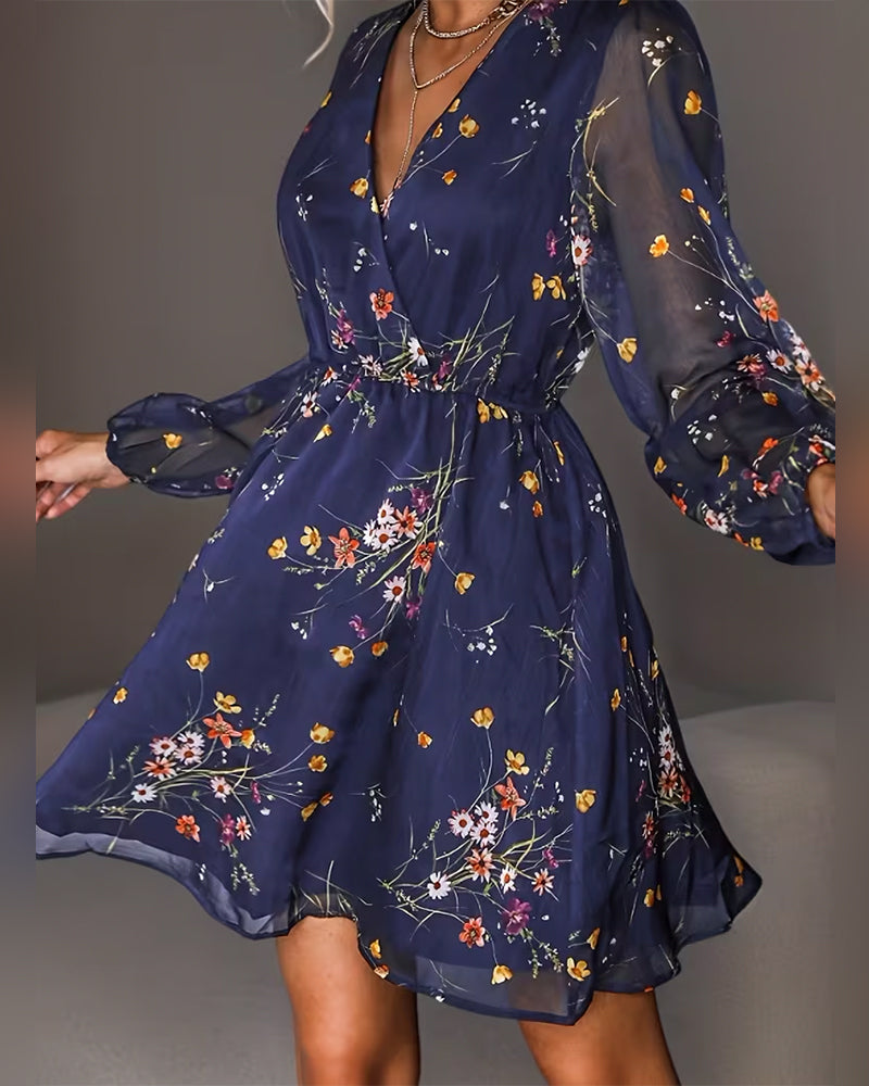 Floral V-Neck Fitted Waist Dress