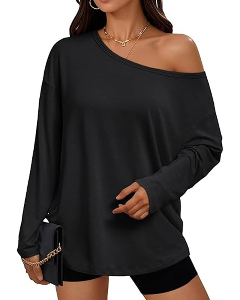 One-Shoulder Solid Long Sleeve T-Shirt
