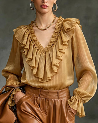 V-Neck Striped Ruffled Long-Sleeved Top