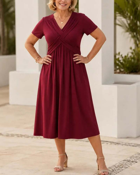 Cross V-Neck Fitted Waist Short Sleeve A-Line Dress