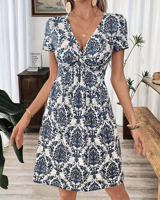 V-Neck Ruched High Waist Bohemian Dress