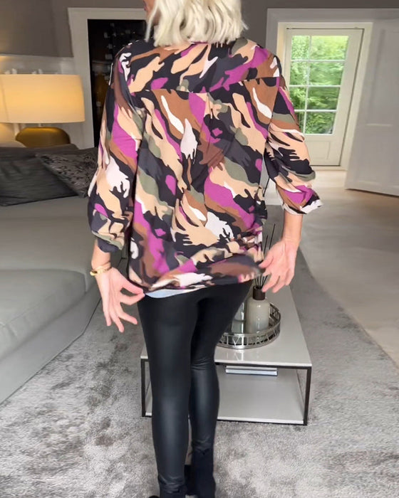 V-neck tie-dye patterned blouse