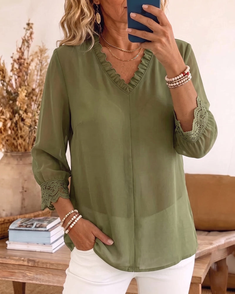 V-Neck Ruffle Lace Patchwork Blouse
