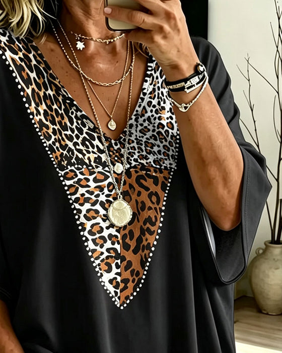 Loose Batwing Sleeve V-Neck Leopard Print T-Shirt
