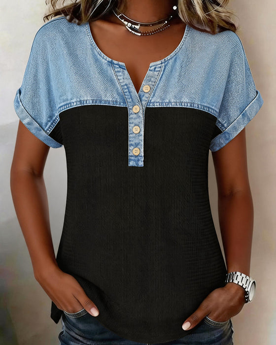 Denim Patchwork Short Sleeve Blouse