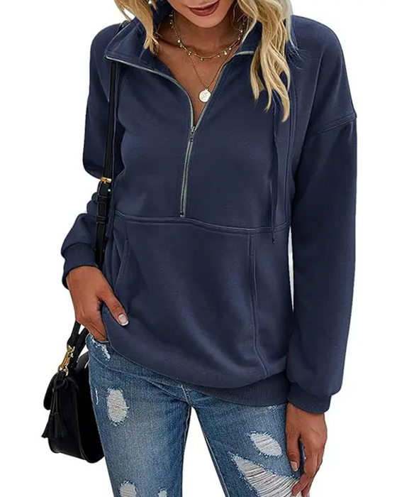 Solid Color Lapel Zipper Pocket Sweatshirt