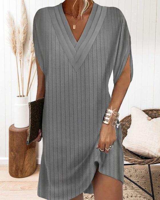 Casual solid color slit sleeves V-neck dress