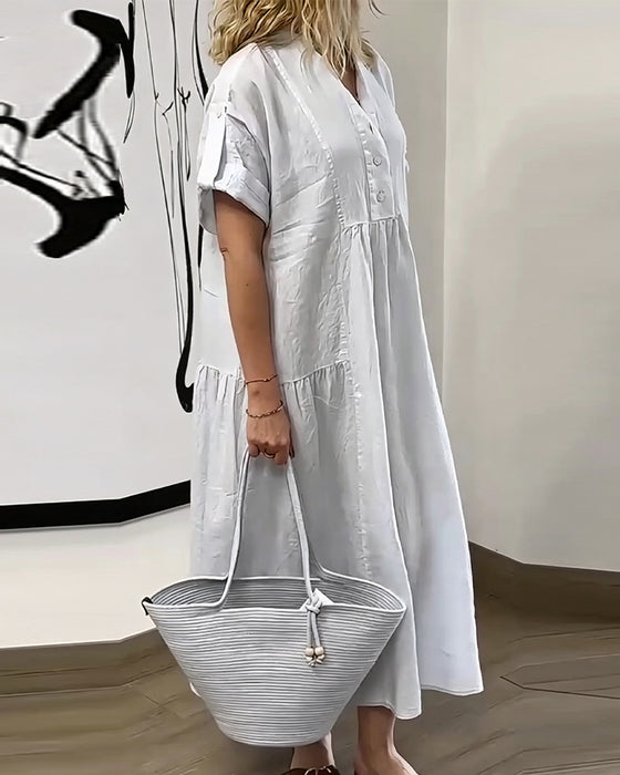 V-Neck Button Pleated Full Skirt Dress