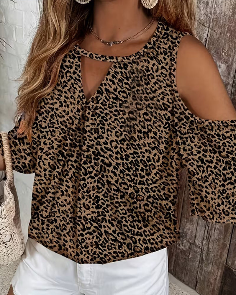 Leopard Print Cold Shoulder Fashion Blouse
