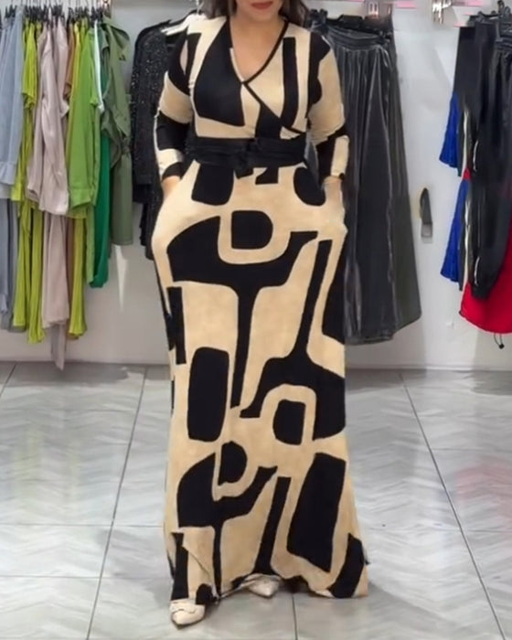 Elegant printed V-neck long-sleeve dress