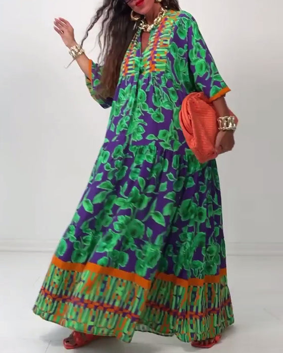 V-neck printed casual long dress