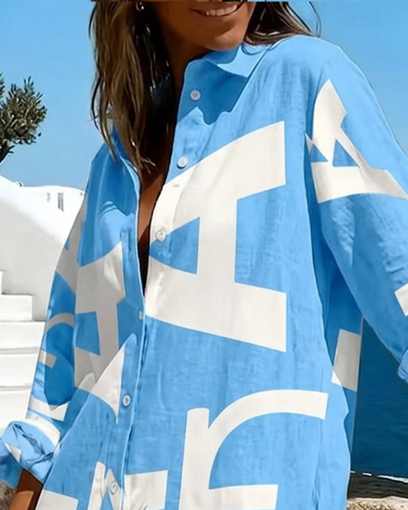 Letter Print Button Long Sleeve Dress