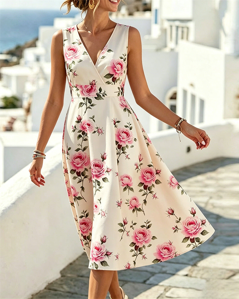Floral V-Neck Sleeveless Waist A-Line Dress