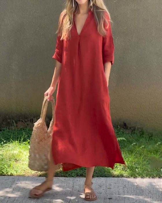 V-neck solid color pocket comfort dress