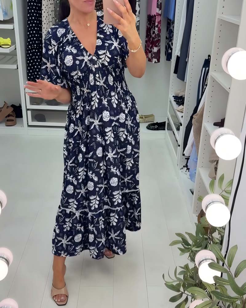 V-Neck Loose Printed Long Dress