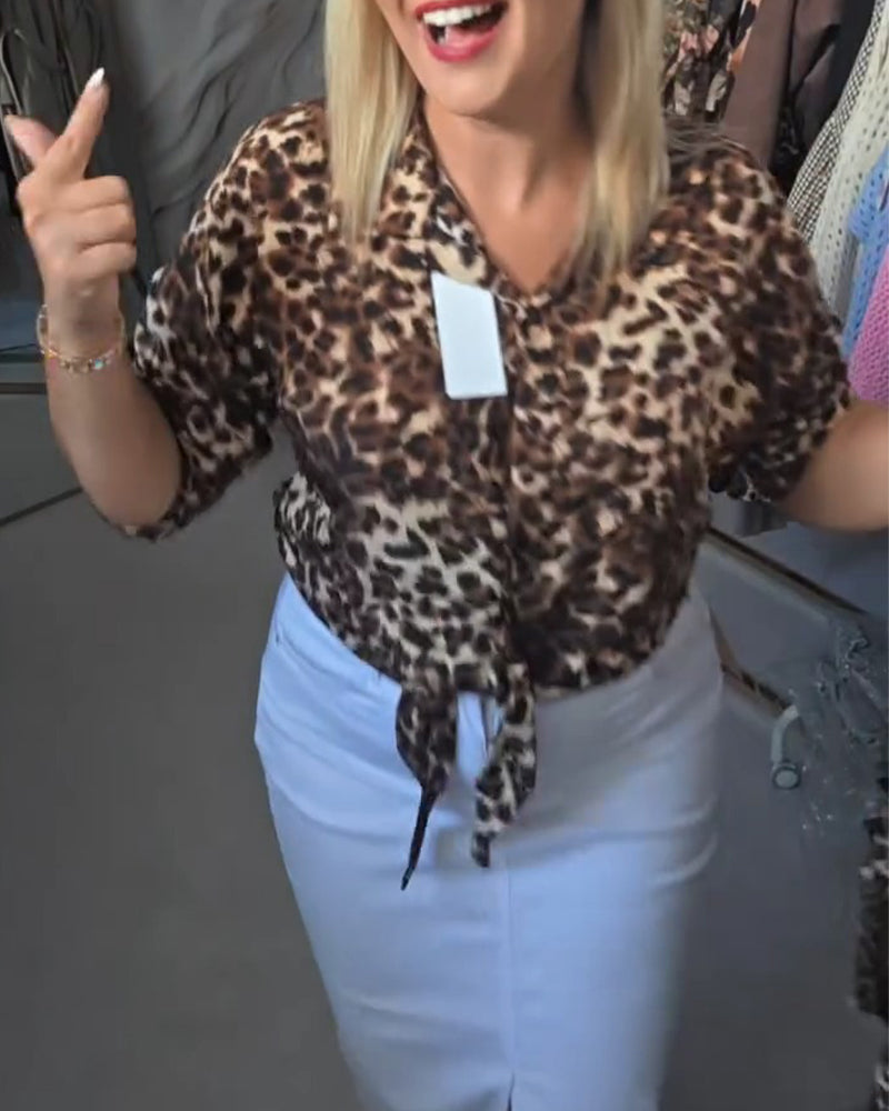 Lace Up V-Neck Leopard Blouse
