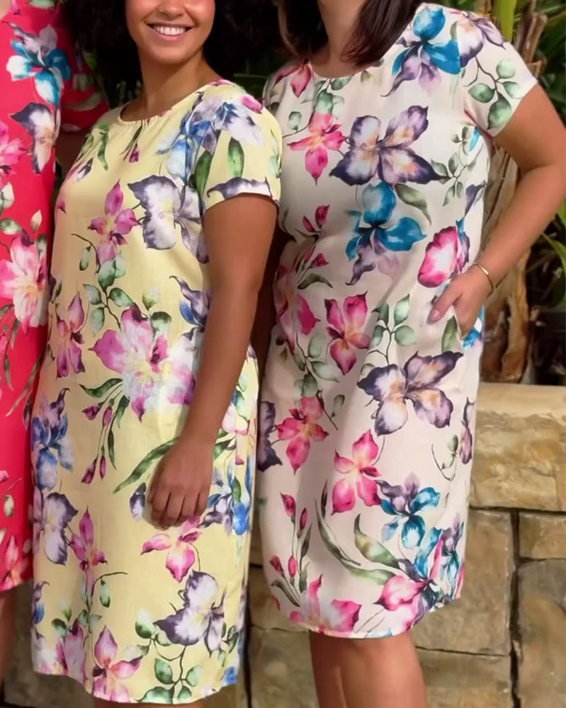 Yellow Iris Print Straight Dress