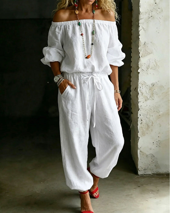 Off-Shoulder Tie Waist Cinched Waist Jumpsuit