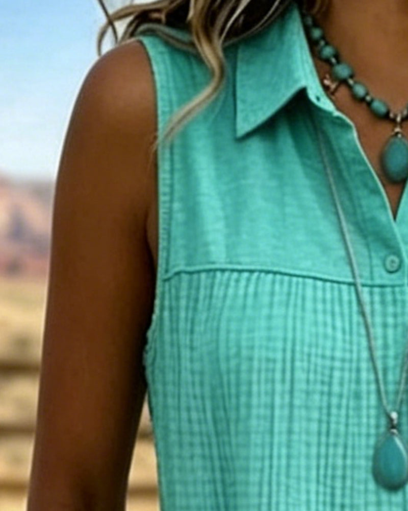Sleeveless Lapel Solid Tiered Dress