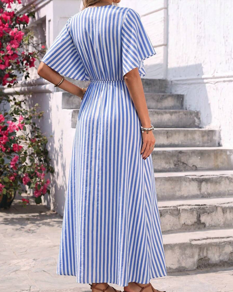 Striped V-Neck Button Dress