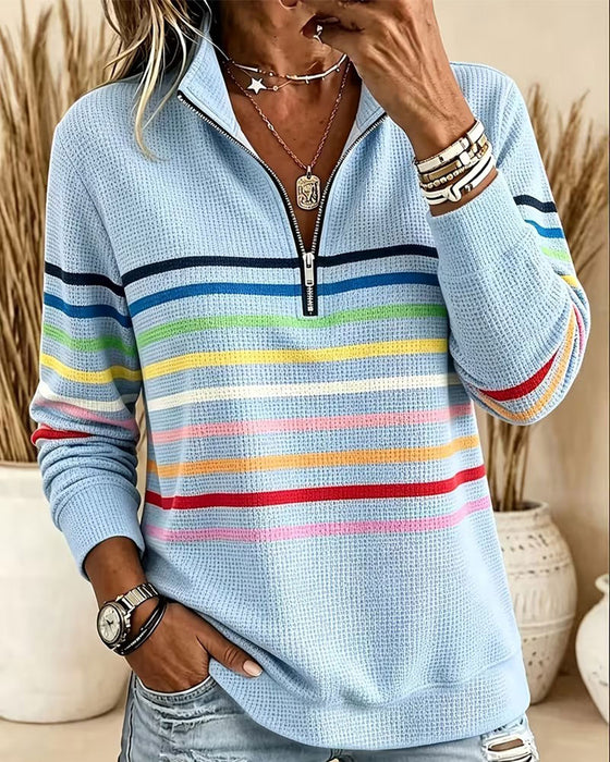 Stand Collar Zip Striped Sweatshirt