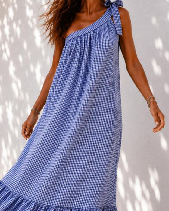 Tie Shoulder Plaid A-Line Dress