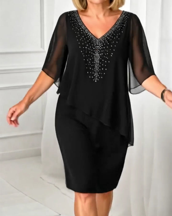 Casual V-Neck Rhinestone Dress