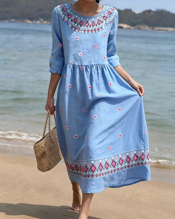 Round Neck Daisy Half Sleeve Dress