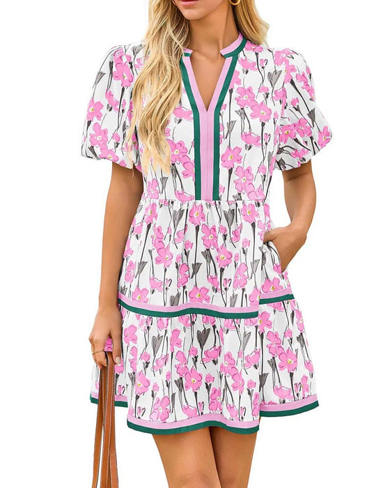V-Neck Floral Bubble Sleeve Patchwork Dress